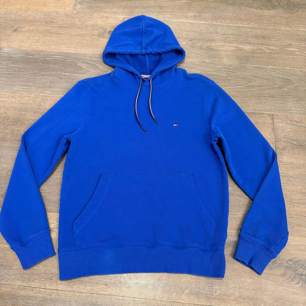 Vintage Y2K Tommy Hilfiger Blue Knit Small Logo Sweatshirt Hoodie ~ Men’s Small